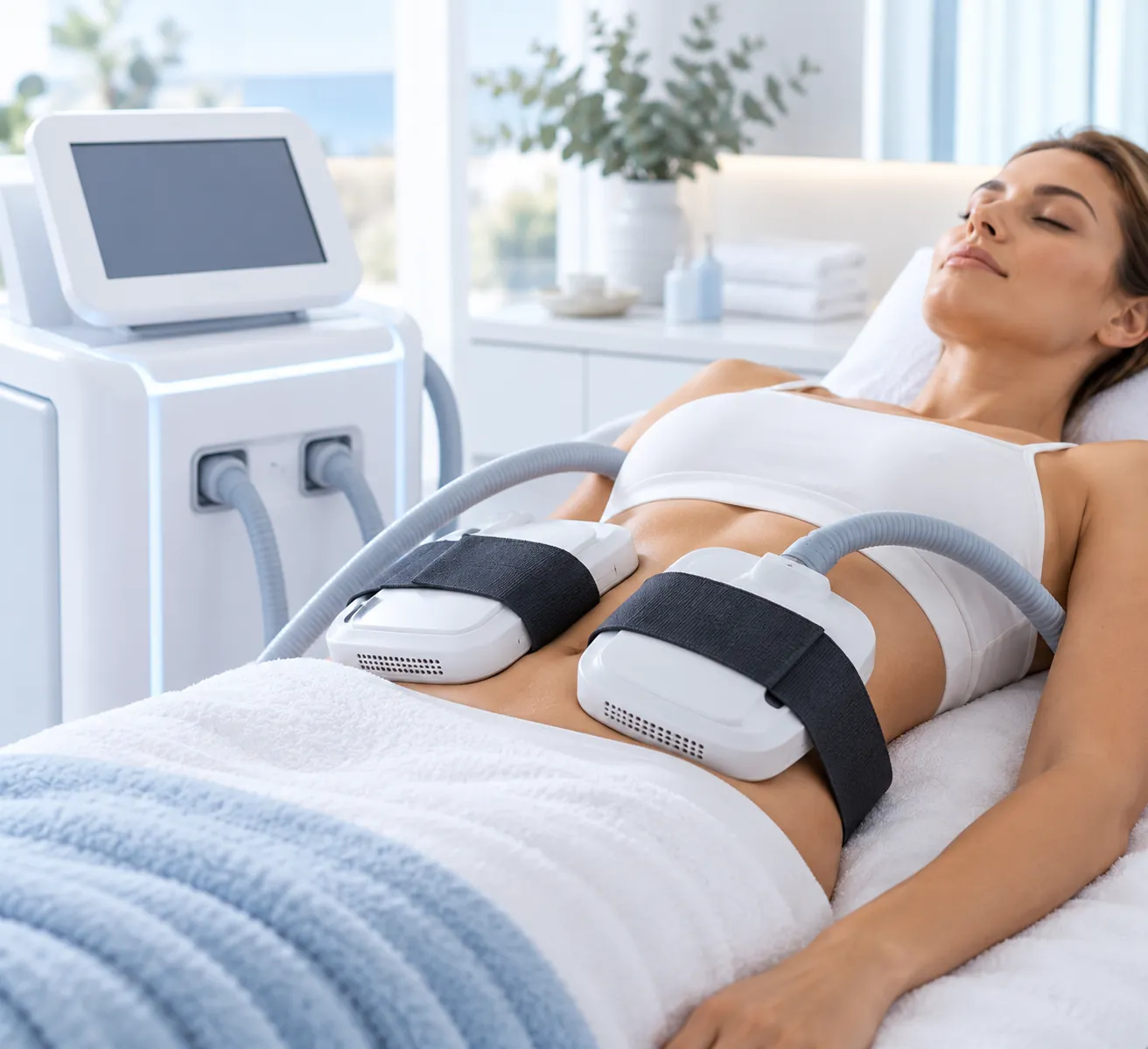 CM Slim body sculpting applicators on the abdomen