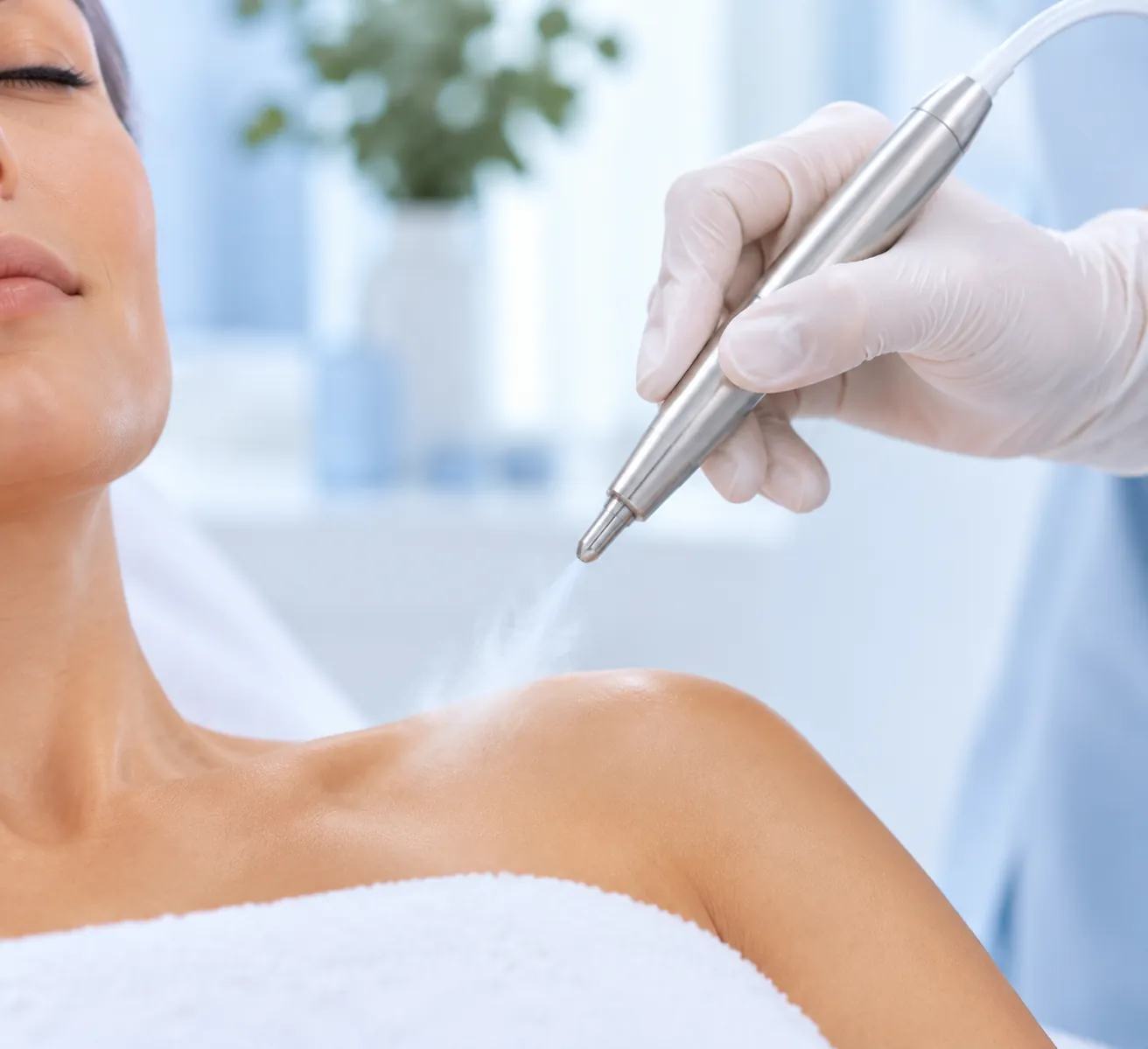 Cryo spot treatment with a fine stream of cold on the shoulder