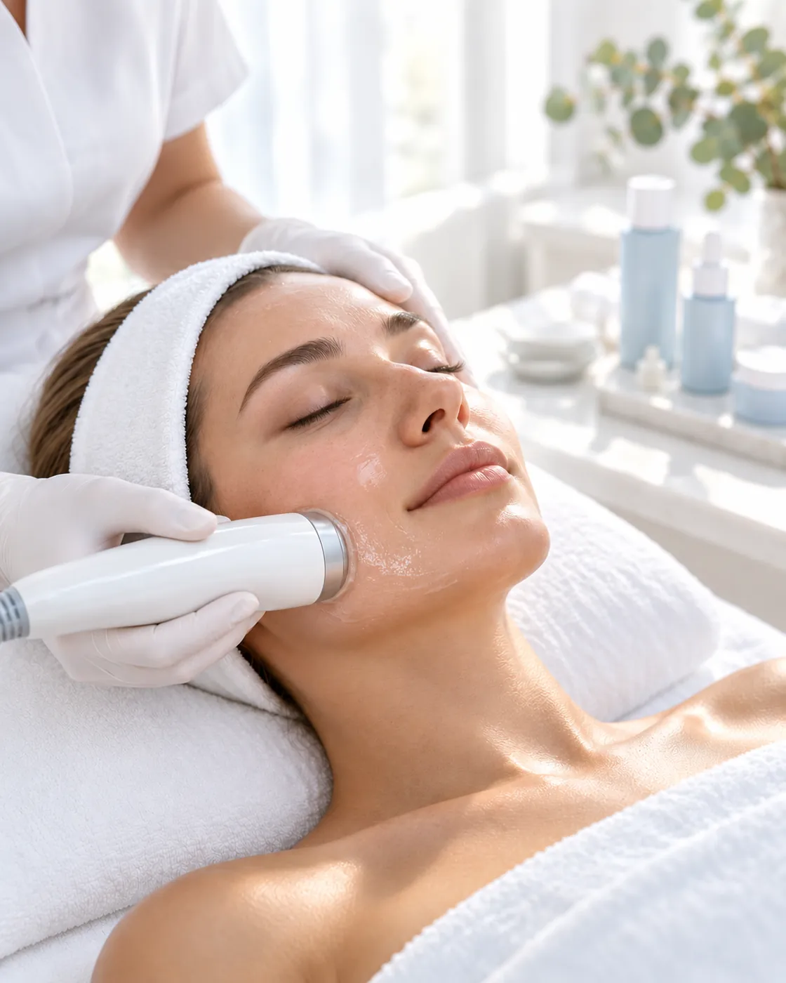 HIFU skin tightening treatment along the cheek and jawline