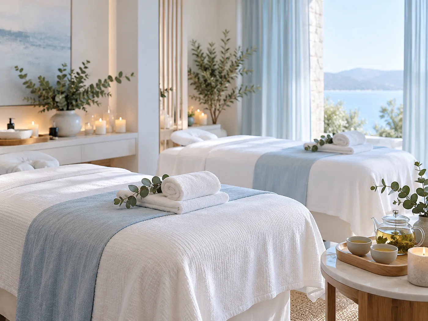 Couples treatment room with two beds, candles and herbal tea