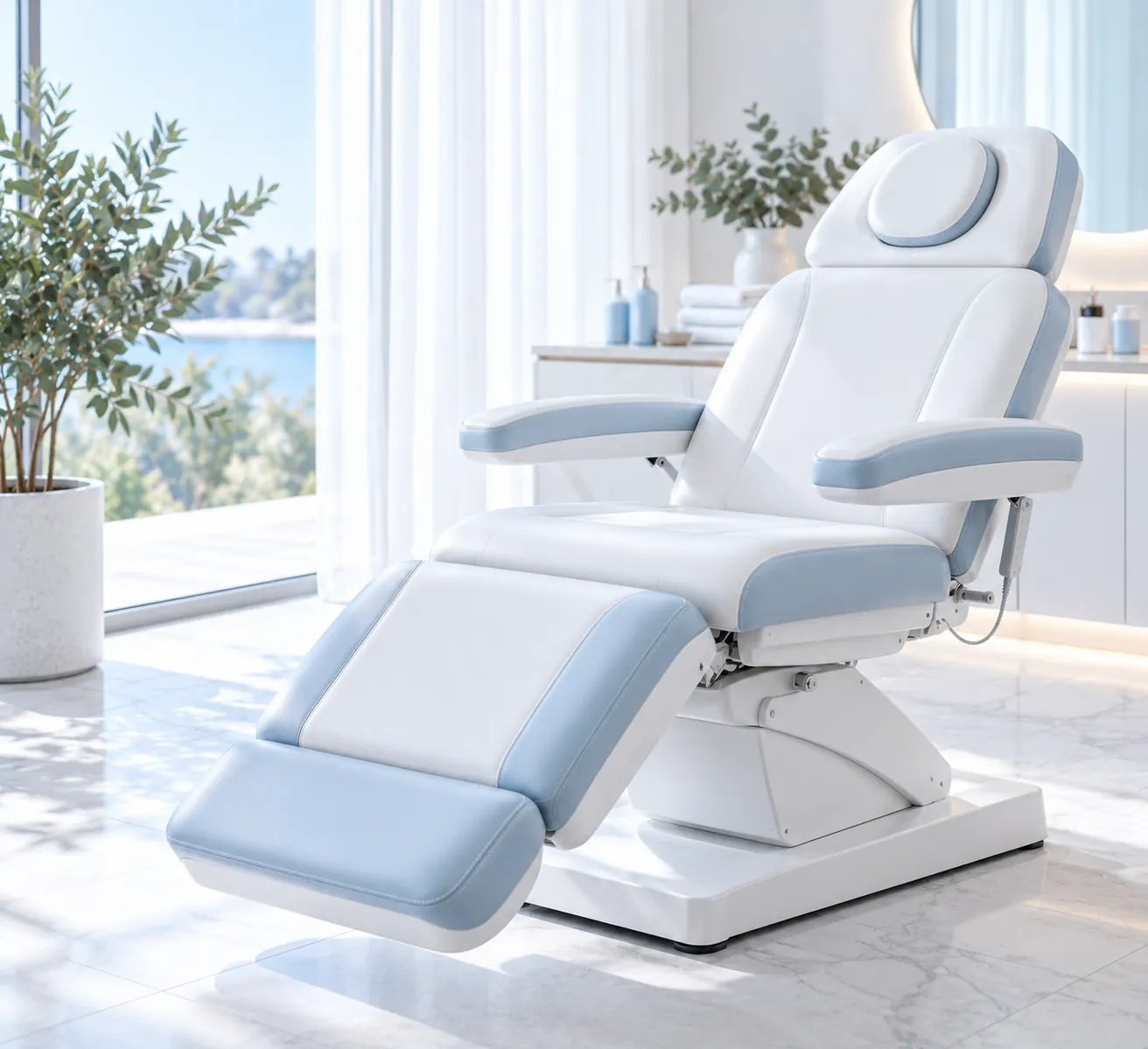 White and sky-blue treatment chair in a bright clinic room
