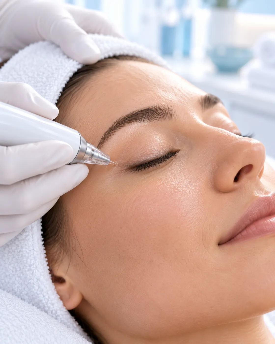 Plasma skin tightening pen near the outer corner of the eye
